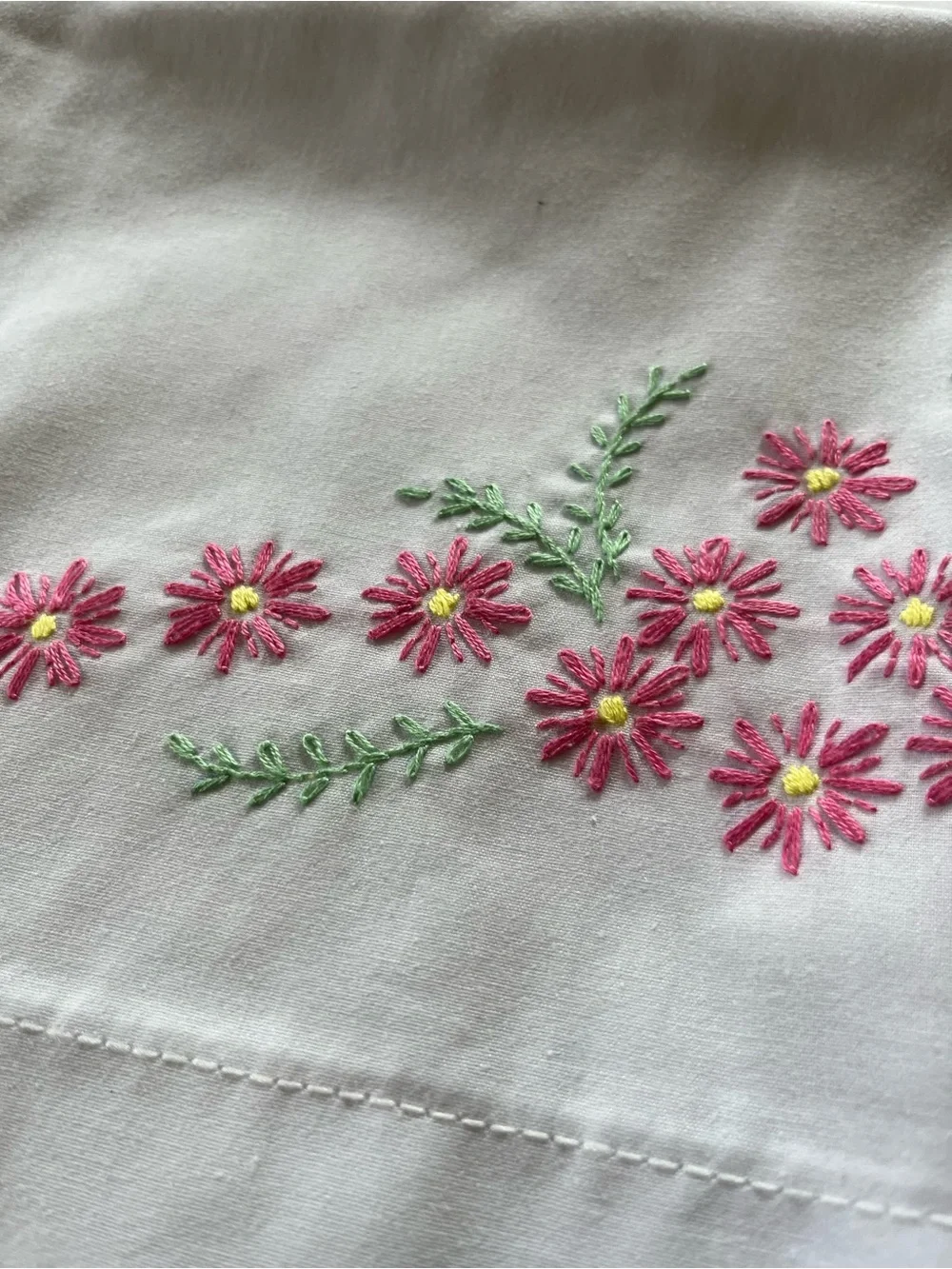 Embroidered Pink Floral White Pillowcase Set